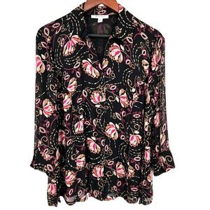 JM Collection Sz14 Black Pink Floral Blouse Shirt Top Business Formal Summer